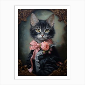 Black & Pink Cat Rococo Style 1 Art Print