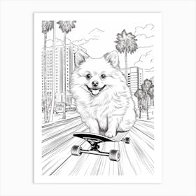 Pomeranian Dog Skateboarding Line Art 1 Art Print