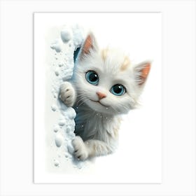 Cute Kitten Cat Peeking From Snow 1 Art Print