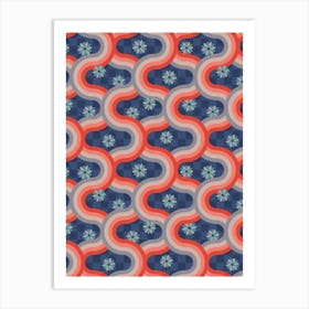 KYOTO Japanese Retro Wavy Geometric Stripes and Flowers in Traditional Palette Rust Red Blush Gray on Blue Checkerboard Art Print