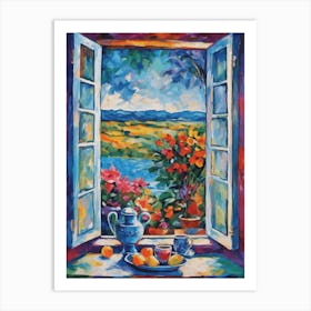 Matisse Inspired Open Window by the Sea in the Countryside with Fruit Flowers Vibrant Rainbow of Colors Depicting Happiness Sunset Blue Sky Beauty Abstract HD Impressionism Mid Century High Resolution Poster