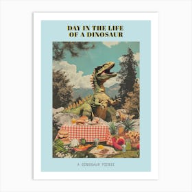 Dinosaur Having A Picnic Retro Collage 2 Poster Art Print