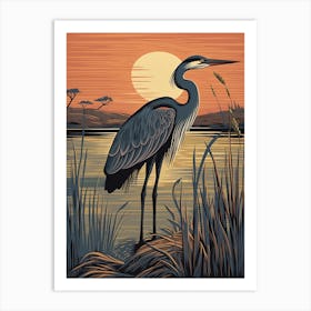 Vintage Bird Linocut Great Blue Heron 8 Art Print