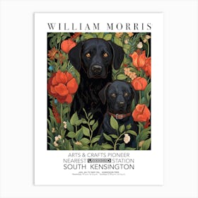 William Morris Print Black Dog Puppy Portrait Valentines Mothers Day Gift Botanical Art Print