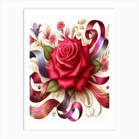 Red Rose With Ribbons 2 Art Print