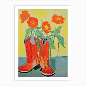 Painting Of Red Flowers And Cowboy Boots, Oil Style 2 Art Print