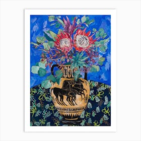 Protea Bouquet On Ultramarine Blue With Greek Horse Urn Art Print
