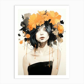 portrait illustration of woman with flowers Art Print