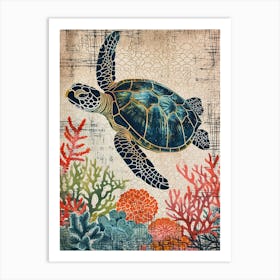 Sea Turtle Coral Textured Collage 4 Art Print