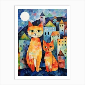Cats With A Medieval Village Behind In The Moonlight 1 Art Print