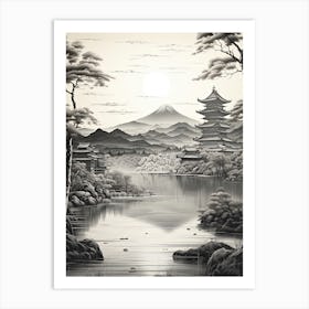 Amanohashidate In Kyoto, Ukiyo E Black And White Line Art Drawing 3 Art Print