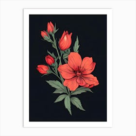 Red Flowers On Black Background 1 Art Print