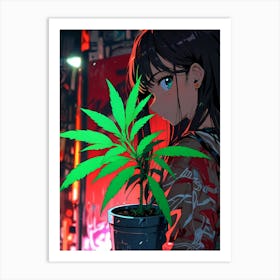 Anime Girl With Marijuana Plant Art Print