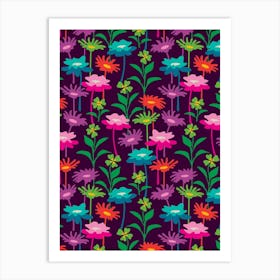 GARDEN MEADOW Floral Botanical Flowers Wildflowers in Bright Rainbow Colors on Deep Purple Art Print