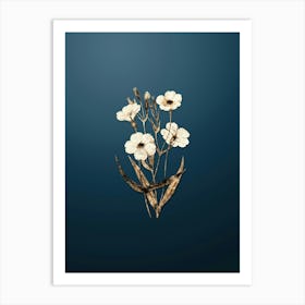 Gold Botanical Dark Eyed Viscaria Flower Branch on Dusk Blue n.2781 Art Print