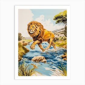 Barbary Lion Crossing A River Illustration 2 Art Print