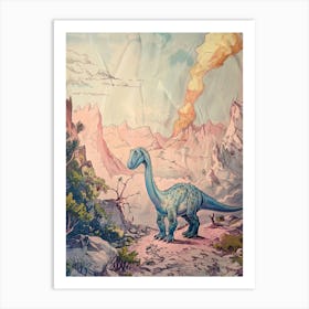 Dinosaur Watching The Volcano Storybook Painting Art Print