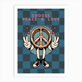 Checkerboard Art Print - "Choose Peace and Love" - Skater Kids for World Peace - Vintage Retro Style Rad Cartoon Character Artwork Art Print