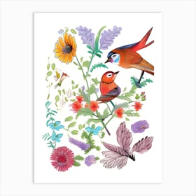 Watercolor Birds And Flowers Art Print