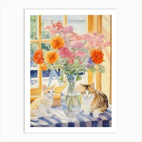 Cat With Daises Flowers Watercolor Mothers Day Valentines 5 Art Print