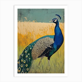 Blue Mustard Peacock In The Grass Linocut Inspired 2 Art Print