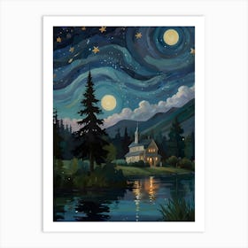 Create an image of a dreamy night landscape featuring swirling stars and a crescent moon in a deep blue sky. In the foreground, include a serene lake reflecting the celestial scene, bordered by lush greenery and cypress trees. Art Print