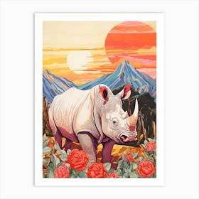 Patchwork Floral Rhino With Mountain In The Background 3 Art Print