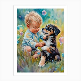 Little Boy And Puppy Ai Art Print