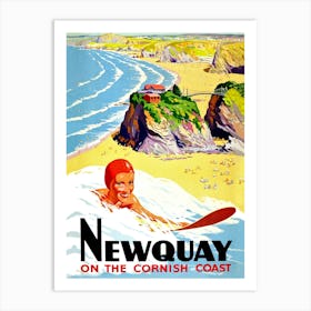 Surfing Woman On Newquay, Britain, Vintage Travel Poster Art Print