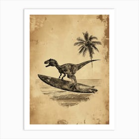 Vintage Dilophosaurus Dinosaur On A Surf Board 3 Art Print