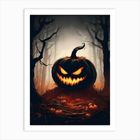 Spooky Pumpkin In Dark Forest, Halloween Night Decor Art Print