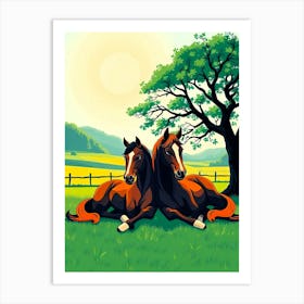 Horse Brothers Under A Tree - Color Drawing Art Print