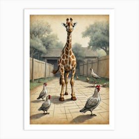 Giraffe And Chickens Art Print