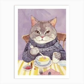 Grey Cat Having Breakfast Folk Illustration 6 Art Print