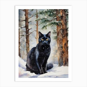 Black Cat In A Winter Forest - Snow Christmas Yule Scene Snowy Fir Trees - Witchy Witches Cats Lady Lovers Matisse Klimt Inspired Traditional Watercolor Home Room Art Wall Decor - Black Cat Travels Series by Lyra the Lavender Witch Art Print