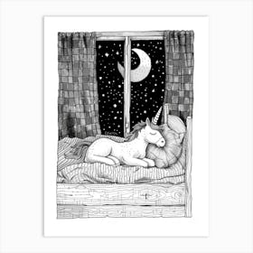 Unicorn Lying In Bed With The Moon Black & White Doodle 3 Art Print