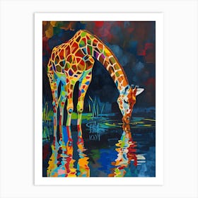 Giraffe Drinking From The Water 1 Art Print