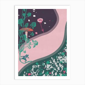 Frog and Flowers on a Dreamy Trail – Whimsical Nature Art Art Print