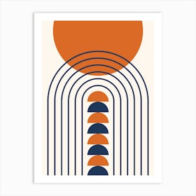 Modern Mid Century Gateway Sun Moon Rainbow 14 Abstract in Navy Blue Burnt Orange 3 Art Print