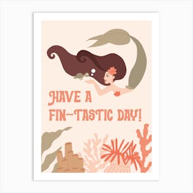 Playful swimming mermaid with turtle and funny quote in coral reef Art Print