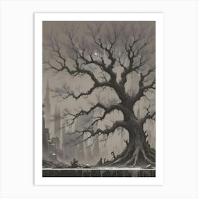 Large Black And White Tree In Front Of A Foggy Cityscape Art Print