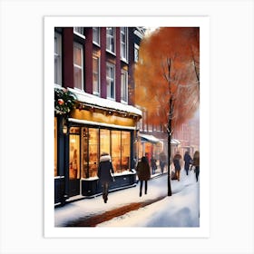 Amsterdam cafes, winter season, Christmas, autumn oil colors, pale colors, pedestrians in the street, winter clothes, falling snow.7 2 Art Print