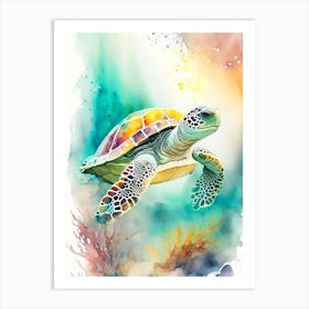 A Single Sea Turtle In Coral Reef, Sea Turtle Storybook Watercolours 4 Art Print