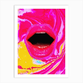 Pink Paint Lips Collage Yellow & Pink Art Print