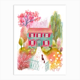 French Country Garden House With Cat Art Print