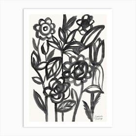 Abstract Linear Floral Black Art Print