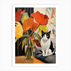 Calla Lily Flower Vase And A Cat, A Painting In The Style Of Matisse 2 Art Print