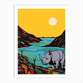 Simple Line Illustration Rhino By The River 4 Art Print