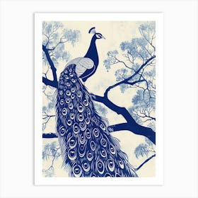 Ivory & Navy Blue Peacock In A Tree Art Print