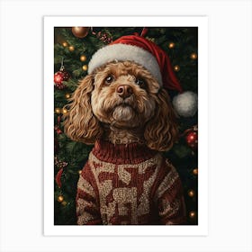 Cavapoo In Christmas Jumper And Santa Hat Art Print